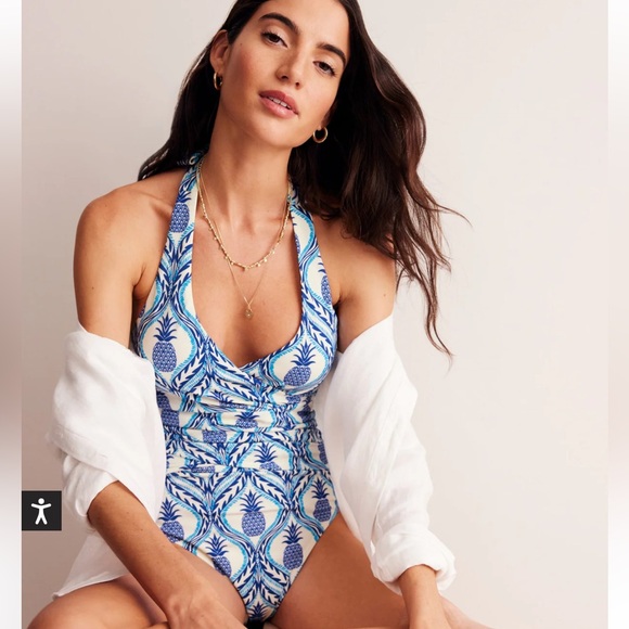NWT BODEN Levanzo Halter Swimsuit in Surf The Web Blue, Pineapple Wave - US 8 - Picture 3 of 11